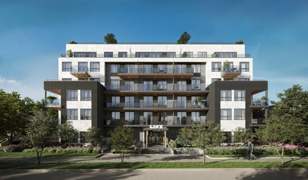 Hero rendering of LINX multi-residential development on East Broadway, Vancouver BC – Lotus Capital